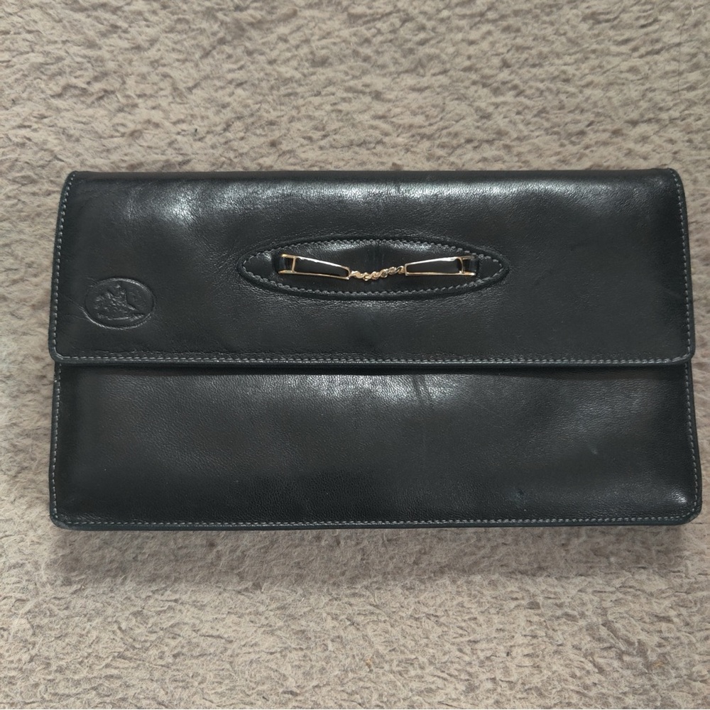 Lepanto Madrid Black Leather Clutch Wallet Gold Horse bit Enamel Chain Detail